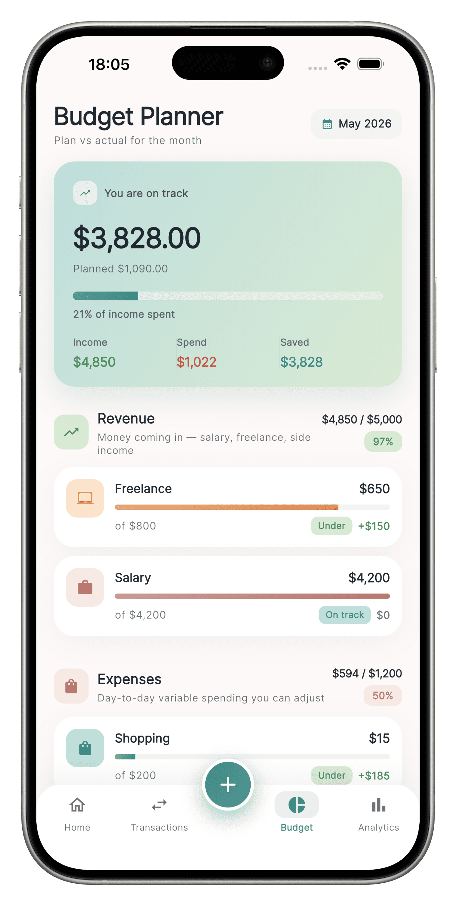 Monthly budget planner split into revenue, bills, expenses, savings, and debt