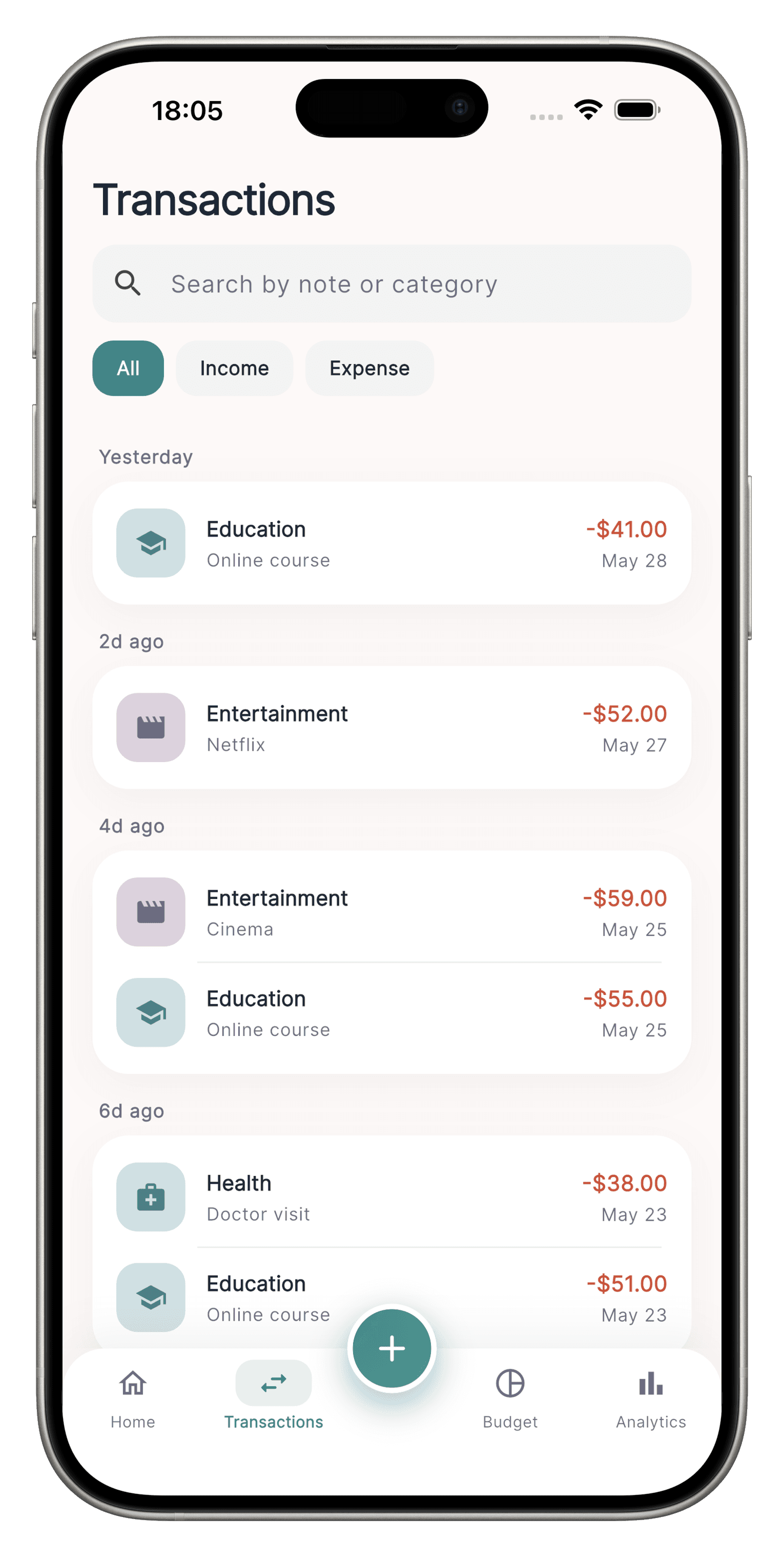 Transactions list grouped by date with categories and amounts